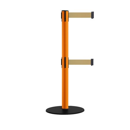 MONTOUR LINE Retractable Dbl Belt 2.5" Orange Post , Low Base, 9' Lt BrwnBelt MSX630D-OR-LBN-90